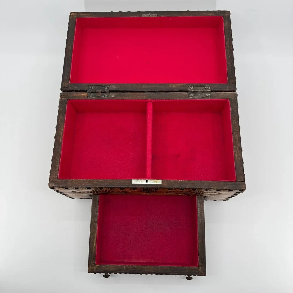 Vtg Leather Wood Jewelry Box Chest Trunk Old World Map Studded Nailhead Drawer